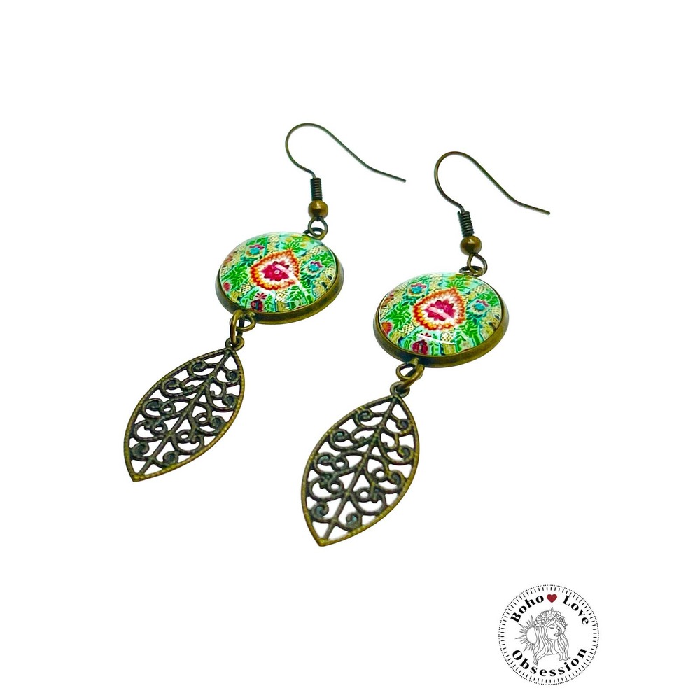Pistachio Mandala Earrings, Antique Bohemian Jewelry, Boho Drop Dangle Accessory